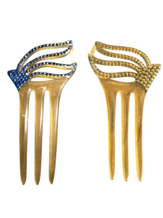 Vintage Art Deco Blue Rhinestone Celluloid Hair Comb